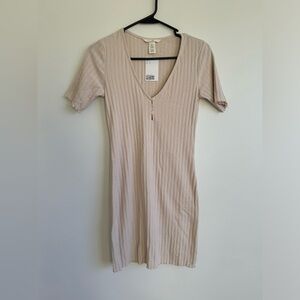 Cream Ribbed Button Mini Dress